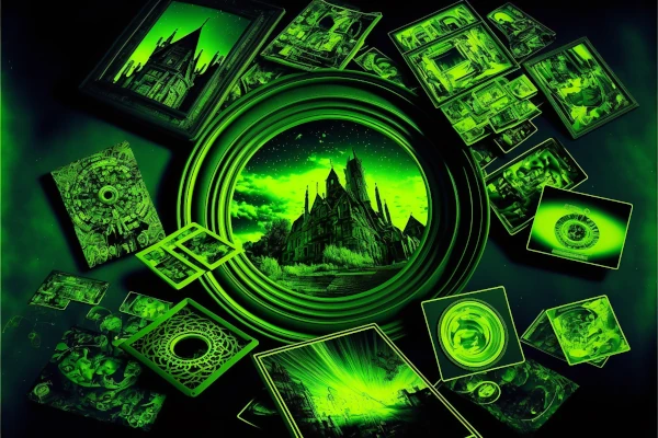 old pictures scattered on a desk, green neon colors